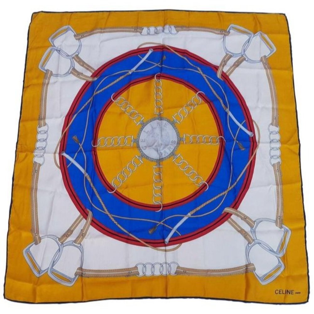 Celine Blue Red Gold Equestrian Print Silk Scarf